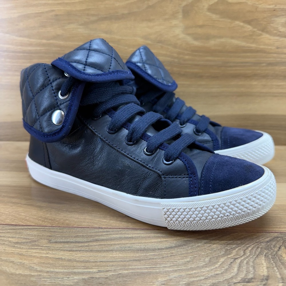 Tory Burch Caspe High Top Quilted Sneakers Womens 5 Navy Blue Soft Leather Suede